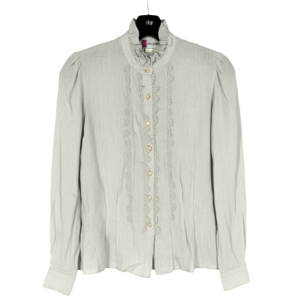 VTG PROPHECY Gray Linen Button-Up LACE PLEATED Ruffle High Collar SHIRT/TOP 10